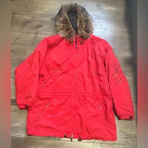 Bogner Anorak Parka Racoon Fur Hood Red 14 NWOT